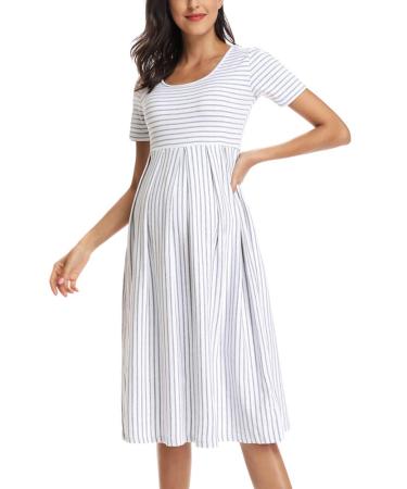 Love2Mi Womens Short-Sleeve Maternity Dress Casual A-Line Midi Pregnant Dress S White Grey Stripe