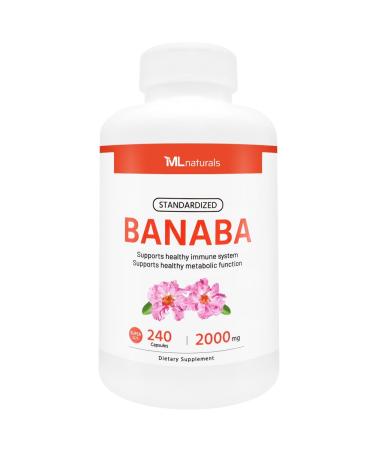 ML Naturals Standardized Banaba 2000 mg 240 Vegetable Capsules. Supports Healthy Immune System and Metabolic Function. Non-GMO, Third-Party Lab Tested 240 Count (Pack of 1)