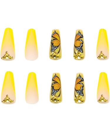 Justotry 24 Pcs Diamante Butterfly Yellow French Press on Nails | Medium Ballerina Stick on False Nails with Glue - Acrylic Coffin Nails for Women - Buy Online on GoSupps.com