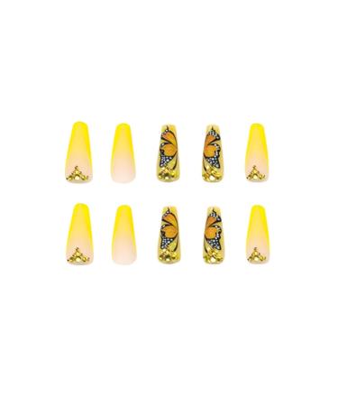 Justotry 24 Pack Yellow French Coffin Nails - Butterfly Design Artificial Press-On Ballerina Fake Nails for Women - Buy Online on GoSupps.com