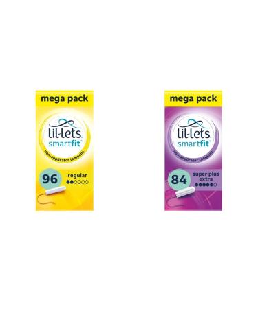 Lil-Lets Non-Applicator Regular Tampons X 96 | 6 Packs of 16 | Light to Medium Flow & Non-Applicator Super Plus Extra Tampons X 84 | 6 Packs of 14 | Very Heavy Flow + Super Plus Extra Tampons X 84