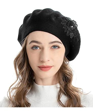 ZLYC Womens French Beret hat, Reversible Solid Color Cashmere Mosaic Warm Beret Cap for Girls Flower Black
