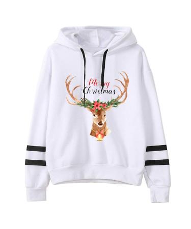 Bigfanshu Womens Long Sleeve Tops Christmas Printing Stripe Round Collar Sleeves Sweater White