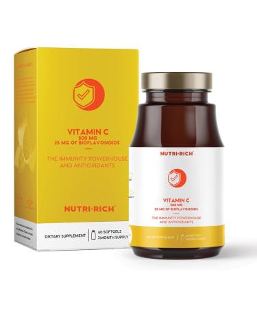 Nutri-Rich Vitamin C 500mg with 25mg Bioflavonoids Ascorbic Acid Immune Skin & Antioxidant Support No Soy Gluten-Free No Additives Bioavailable Ingredients Third-Party Tested (90 Softgels)
