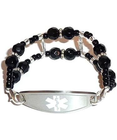 Hidden Hollow Beads Women's Medical Alert ID Bracelet - Interchangeable Black Stretchy Double Band with Vital Info Tag - Buy Online on GoSupps.com