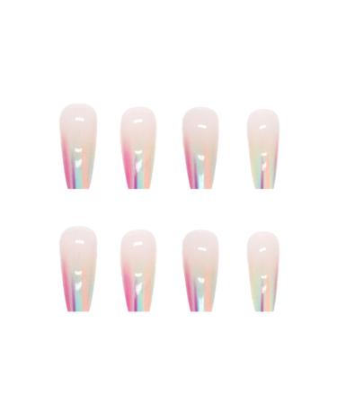 24pcs French False Nails Short - Almond Square Press on Nails - Full Cover Acrylic False Nails With Glue - French Fake Nails Stick on Nails for Women and Girls Nail Art (Rainbow Blooming)