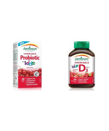 Jamieson Chewable Probiotic for Kids 5 Billion Active Cells - Natural Cherry Flavour & Vitamin D3 for Kids 400 IU - Strawberry Flavour Chewable Tablets + Vitamin D3