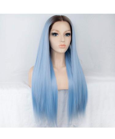 SHIYID Blue Wig for Women | Synthetic Lace Front Wig with Brown Roots | Long Straight Light Blue Hair - Buy Online on GoSupps.com