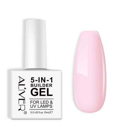 ALIVER 5 in 1 Builder Gel For Nails Pink Clear Builder Nail Gel Base UV/LED Nail Polish Coat Nail Repair for Nails Extension and No Wipe Top Set Soak Off