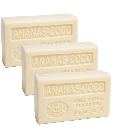 Savon de Marseille - French Soap Made With Pure Organic Olive Oil and Shea Butter - Pineapple Coconut Fragrance - 125 Gram Bar - Set of 3