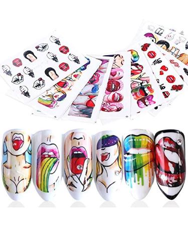NAIL ANGEL 9 Sheets Nail Art Water Decals Water Transfer Sticker Lips Beauty Different Patterns Decals for fingernail and toenail Manicure 10190