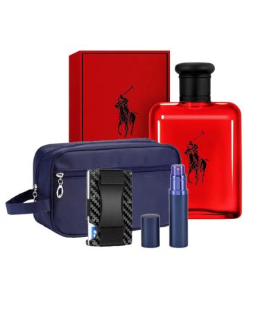 Red Cologne for Men 4.2 oz EDT - Luxury Gift Set - Toiletry Bag Fillable Travel Perfume Atomizer and RFID Metal Carbon Fiber Minimalist Wallet