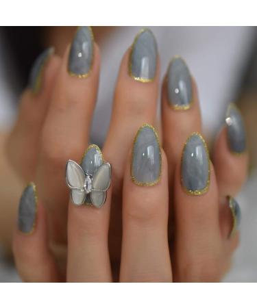 HUIL Artificial Nails Hot Alloy Butterfly Nail Art Designed False Nails Marble Medium Stilleto Press On Fingernails with Gold Line