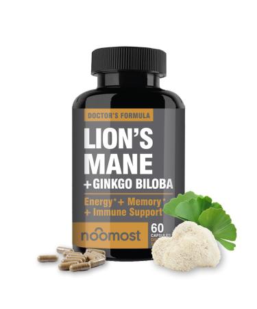 NooMost Lions Mane Supplement Organic Capsules - With Ginkgo Biloba - Cognitive Health Focus & Memory Support - Natural Superfood for Brain Energy & Immune Health - Non GMO- 60 Caps - 2 Month Supply 540 mg