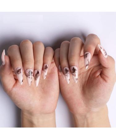 Sethexy snake line false nails abstract stilettus glue nails pink finger fingernails 24st acrylic art press nail tips for women and girls (a)