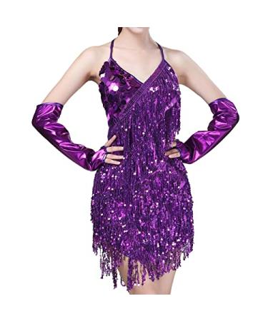 AFAVOM Sequins Tassel Latin Dance Dress for Women's 1920s Flapper Cocktail Party Dresses Rumba Ballroom Costumes with Gloves One Size Purple