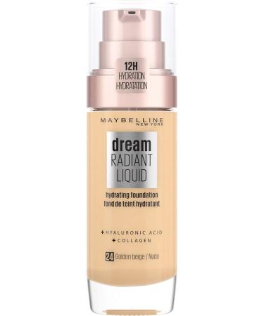 Maybelline Foundation Dream Radiant Liquid Hydrating Foundation with Hyaluronic Acid and Collagen Lightweight Medium Coverage Up to 12 Hour Hydration 24 Golden Beige 30 ml (Pack of 1)
