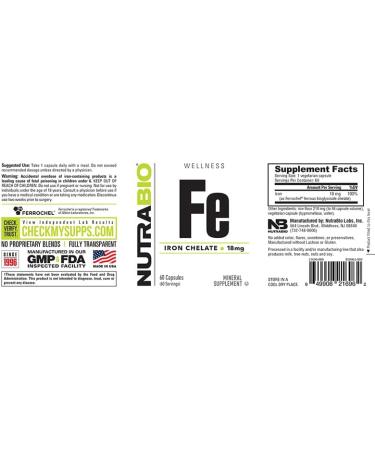 NutraBio Iron Chelate (18mg) - Supports Red Blood Cell Health - 60 Capsules - Buy Online on GoSupps.com