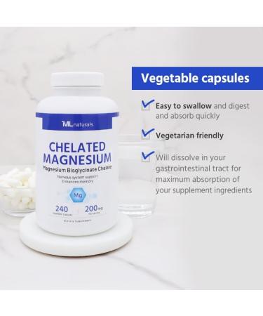 ML Naturals Chelated Magnesium 200 mg 240 Vegetable Capsules. Supports The Nervous System and Enhances Memory, Third-Party Lab Tested 240 Count (Pack of 1) - Buy Online on GoSupps.com