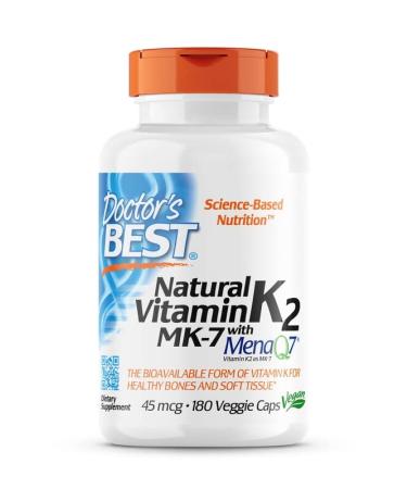 Doctor's Best Natural Vitamin K2 MK-7 with MenaQ-7 45mcg 180 Vegan Capsules Lab Tested Gluten Free SOYA Free Vegetarian
