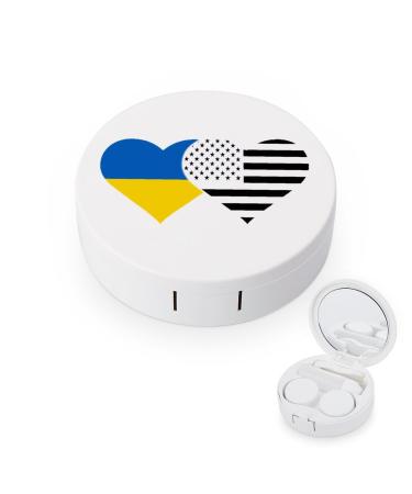 Ukraine Flag and American Flag Cute Contact Lens Case Travel Portable Round Contact Storage Box Kit with Mirror for Daily Outdoor