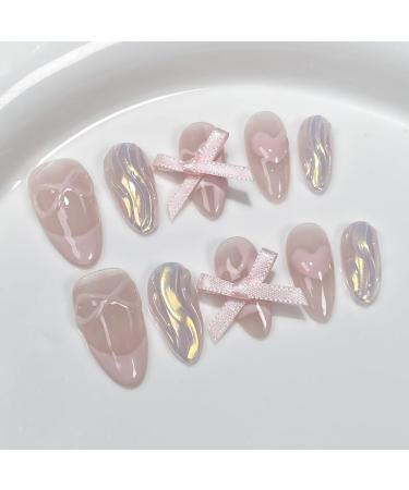 10Pc Blush Powder Almond False Nails Relief Hand drawn Bow Star Design Press on Nails Handmade Full Cover False Nail Tips(Color:7 Size:Xs)