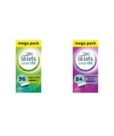 Lil-Lets Non-Applicator Super Plus Tampons X 96 | 6 Packs of 16 | Heavy Flow & Non-Applicator Super Plus Extra Tampons X 84 | 6 Packs of 14 | Very Heavy Flow + Super Plus Extra Tampons X 84
