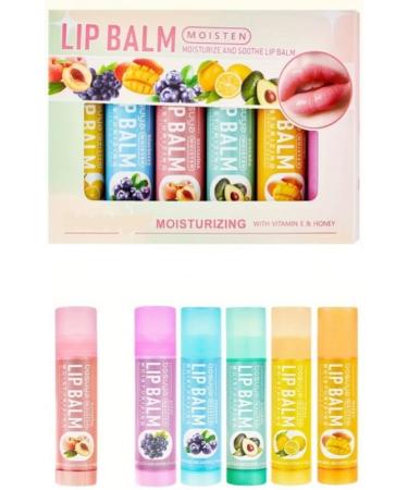 Moisturizing Fruit Flavored Lip Balm Set with Vitamin E & Honey 6 Pack Multi-Flavor 0.16 oz each. Nectarine Mango Lemon Avacado Grape and Blueberry