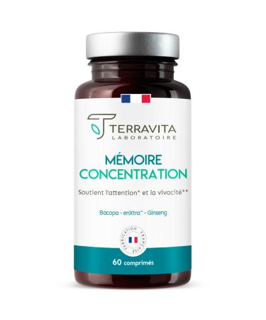Memory Concentration | Korean Red Ginseng + Bacopa + EnXtra Patented Active | 5 Hours of Vivacity and Intellectual Clarity | Nootropic Caffeine Free | 60 Tablets | Made in France Terravita