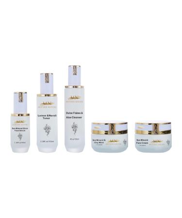 MN Mother Nature Sea Mineral 5-Piece Skincare Set Dulse Aloe Cleanser Lemon Neroli Toner Elixir Serum Clay Mask & Face Cream Seaweed & Wakame for Renewed Hydrated and Brightened Skin