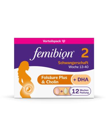 Femibion 2 pregnancy daily dietary supplement for SSW 13-40 with folic acid plus (*3) cholin DHA 12-week pack 2x 84 pieces 168 pieces (1 Pack)