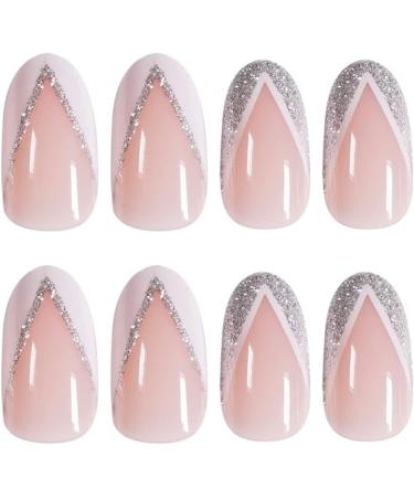 24pcs Short Oval White Glitter Silver Edge French Tip False Nails Set - Press On Nails for Women & Girls | Removable Glue-on Acrylic Full Cover Nail Art Accessories - Buy Online on GoSupps.com