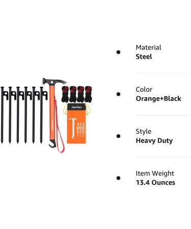 SPOFINE 6pcs Heavy Duty Tent Stakes with Hammer, Reflective Ropes, & Storage Bag - Camping Accessories Kit for Hiking, Backpacking - Orange+Black - Buy Online on GoSupps.com