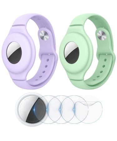 VEGO 2+4Pack AirTag Bracelet for Kids 2 Pack Silicone Watch Bands + 4 Pack Anti-Scratch Films for Kids Children Upgraded Metal Studs Anti-dropping Wristband Compatible with AirTag PURPLE+GREEN