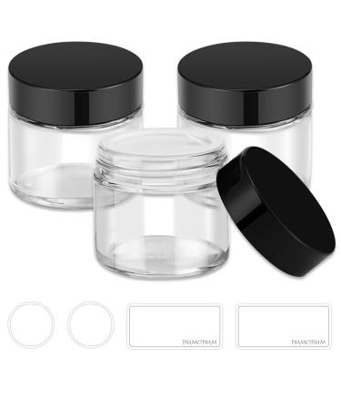 Bumobum 2 oz Glass Jars with Lids, 3 pack Clear Small Jar with Black Lids, Blank Labels & Inner Liners, 60 ml Empty Round Cosmetic Containers for Sample, Powder, Cream, Lotion, Spice 2oz-Clear