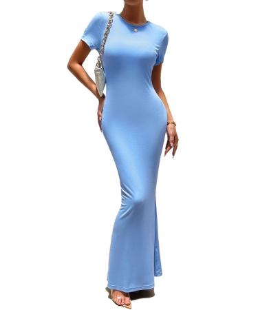 Maxi Dress for Women Short Sleeve Solid Color Round Neck Sexy Soft Elegant Long Bodycon Dresses M Blue