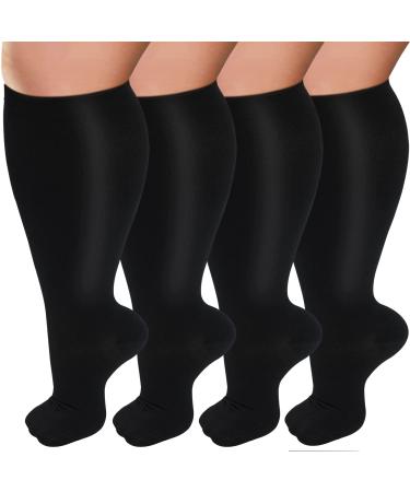 ISeasoo compression stockings in oversize for women and men wide calf 20 30 mmHg extra large support socks for nurses blood circulation A01 - Black X 4 3XL