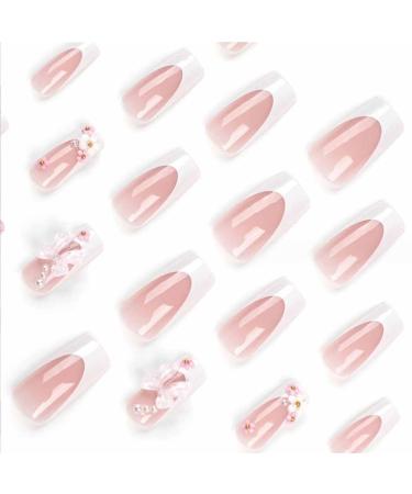 Foccna Medium Long Rhinestone Pink Press on Nails - 24pcs Glossy Bling Square Fake Nails with 3D Flower Design for Women & Girls - Buy Online on GoSupps.com