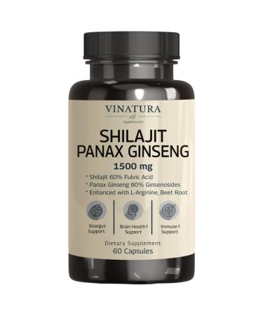 VINATURA Shilajit (60% Fulvic Acid) Panax Ginseng (80% Ginsenosides) 1500mg Shilajit Supplement Fulvic Acid Korean Ginseng for Immune Support Brain Booster - All Natural Shilajit & Ginseng