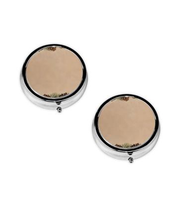 (Pine Cone Border) Round Pill Box 3 Compartment Pill Box Mini Decorative Pocket Purse Portable Travel Medicine Tablet Vitamin Holder Organizer Pill Case