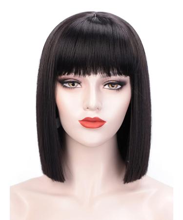 Juziviee Short Black Wigs for Women Costume 12'' Black Bob Wig with Bangs Cute Natural Soft Hair Wigs for Daily Party AD016BK1