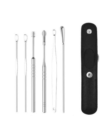 6pcs Spring Earwax Cleaner Tool Set - Spiral Design Stainless Steel Ear Picks Stainless Steel Ear Pick Set with Keychain Box Ear Wax Removal Kit for Ear Adult (Black)