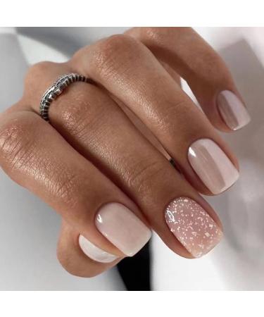 24Pcs Short Press on Nails  Square Fake Nails Acrylic Nail Decorations  Pink White Glitter False Nails Full Cover Glue on Nails Glossy Stick on Nails for Women Girls Style 5