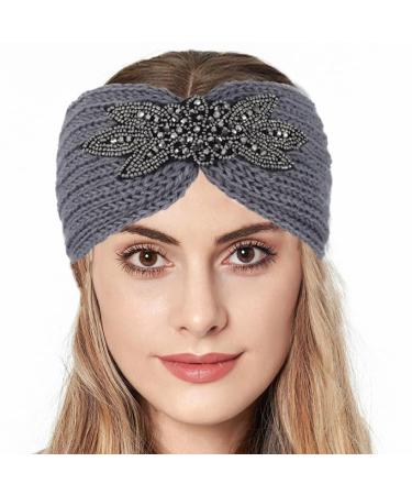 Fashband Winter Knit Headbands Twist Rhinestones Headband Elastic Ear Warmer Thick Head Wraps for Women and Girls Grey