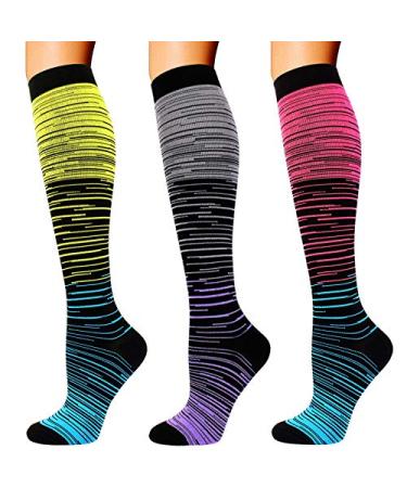 Double Couple 3 Pairs Compression Socks for Women Men 20-30mmhg Knee High Stocking for Sports Running Travel Nurses Pregnancy Multicoloured 5 Small-Medium
