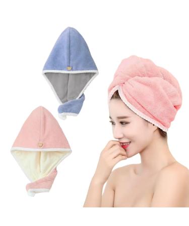 Microfiber Hair Towel Wrap for Women 2 Pack Coral Velvet Turban Anti Frizz Quick Drying Hair Turban Super Absorbent Fast Dry for Curly Thick Long All Hair Style Types Pink White & Blue Grey Pink White/Blue Grey