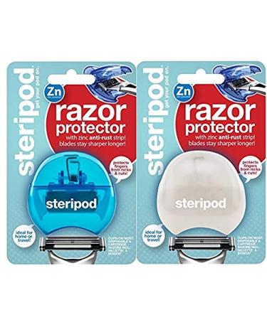 Steripod Men and Women Safety Razor Holder - Clip-On Cover Anti-Rust Blade Razor Protector Travel Size (2 Pk white, blue) 2 Pk (white, blue)