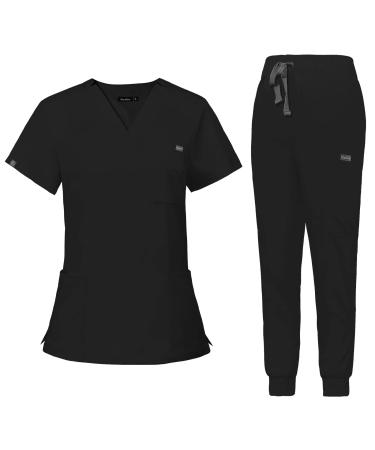 VIAOLI Scrubs for Women Set Scrub Top &Jogger Pant Workwear Clinical Modern Athletic Suit Medical Uniforms (10 Pockets) Black Small