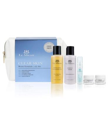 Le Mieux Clear Skin Beauty Essentials for Oily Skin - 5-Piece Skincare Kit - Exfoliating Cleansing Gel Essence Toner Hyaluronic Serum Eye Wrinkle Corrector & Sheer Hydration for Blemish-Prone Skin