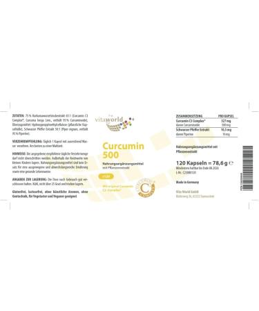 Vita World Curcumin 500 - 120 Vegi Capsules with Curcumin C3 Complex | 95% Curcuminoids & Black Pepper Extract for Enhanced Absorption - Buy Online on GoSupps.com